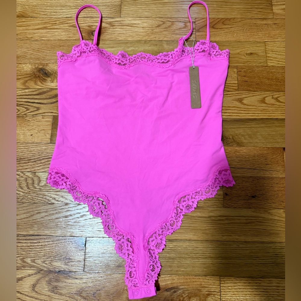 SKIMS Pink Lace Trim Bodysuit